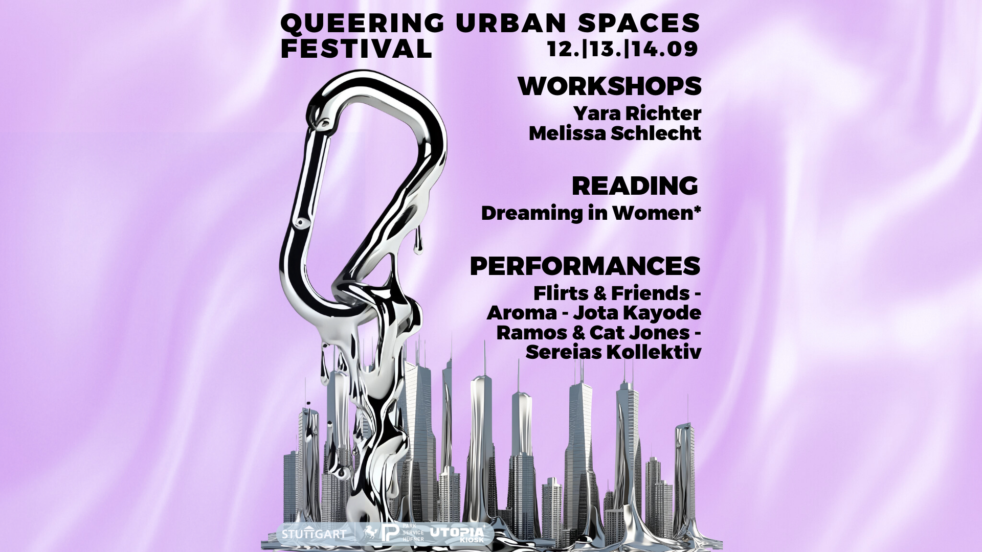 Queering Urban Spaces Festival main visual. A melting carabiner dripping untio a futuristic city.