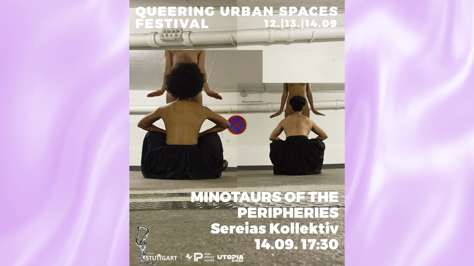 Performance Minotaurs of the Peripheries. Two people are pictured from behind, sitting on the floor. Their heads hide the private parts of a naked person standing behind them. they are situated in n underground parking space