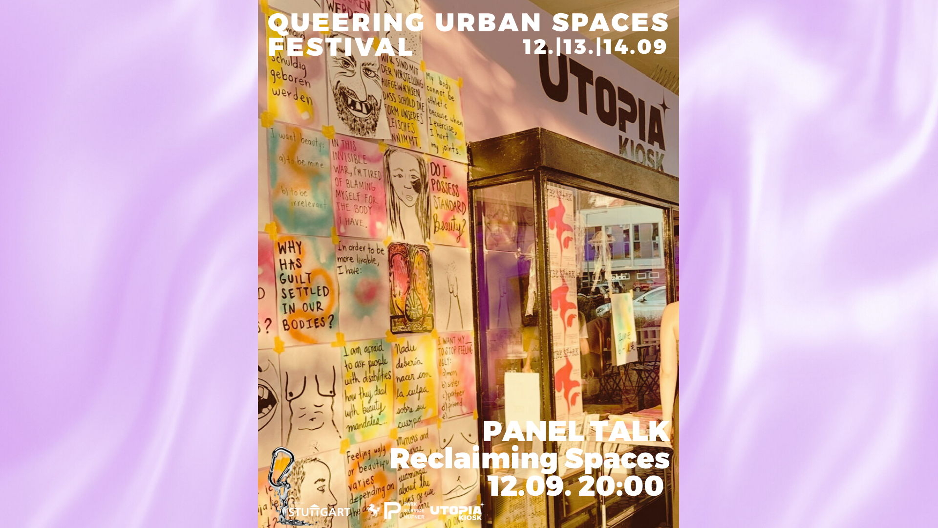 Panel Talk Reclaiming Spaces, a picture of UTOPIA Kiosk with an exhibition of colorful art on the outside of the sotre