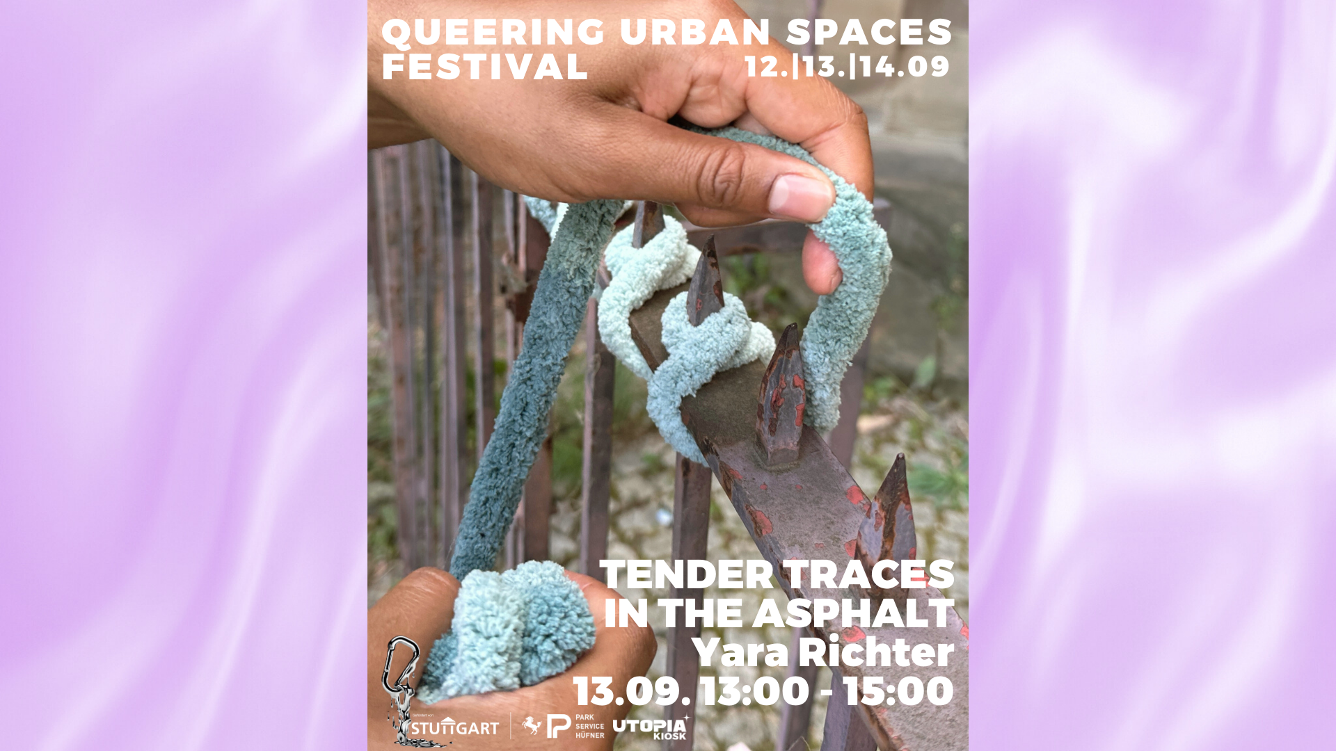 Tender Traces on the Asphalt, Performative Workshops, a hand by a lightskin black person ties some soft yarn around a rusty fence