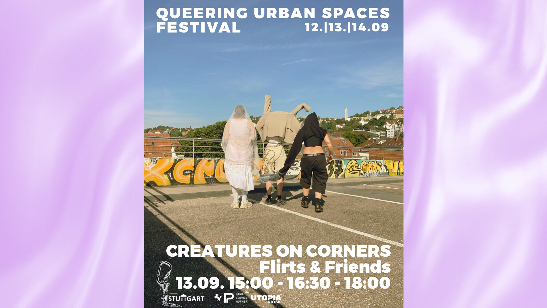Performance: creatures on corners, three people stand on the roof top of a parking lot. they are dressed like queer creatures