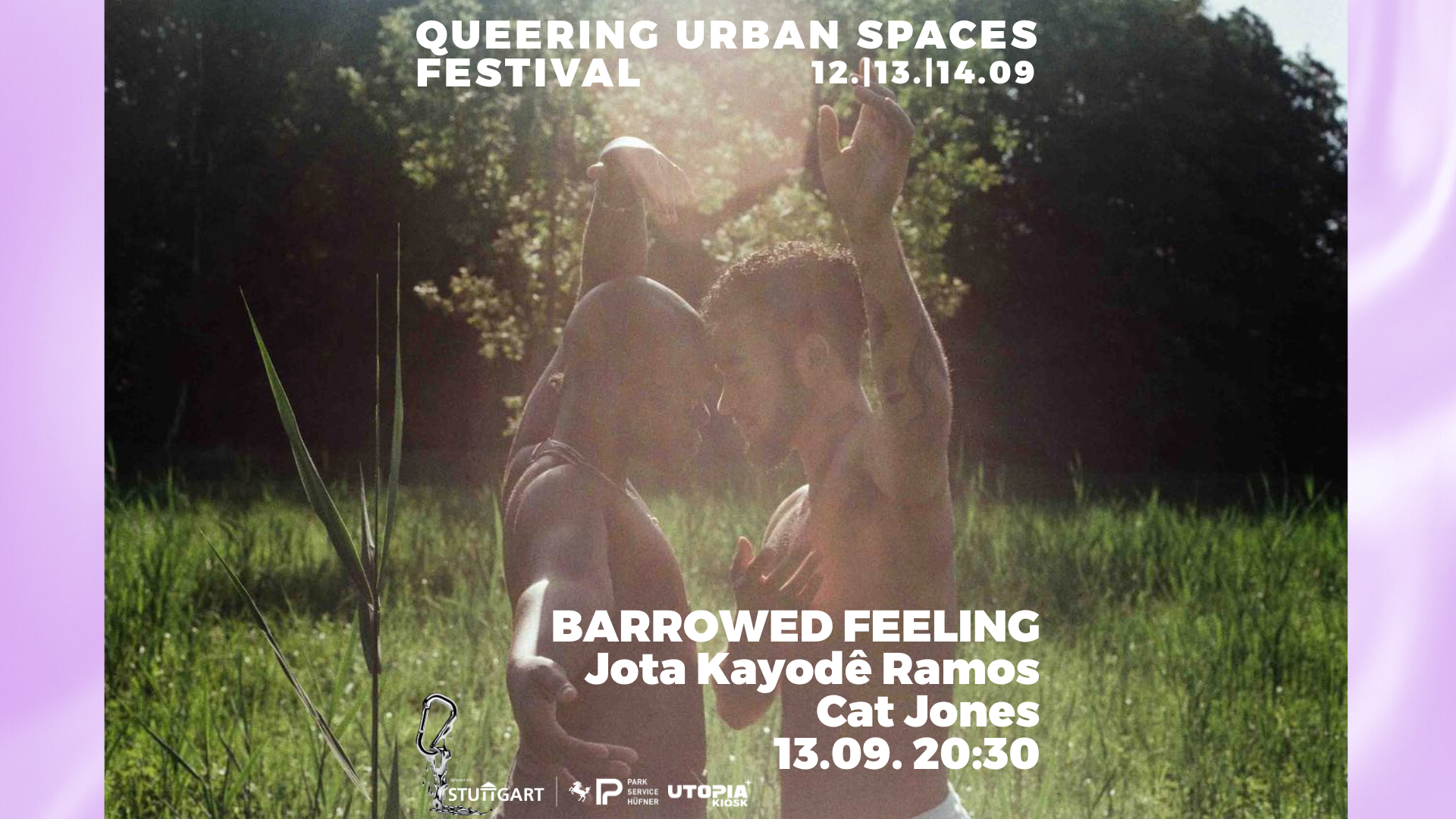 Performance Barrowed Feelings, two Black trans* masc people stand on a field, faces close to each other. the sun shines on them from behind.