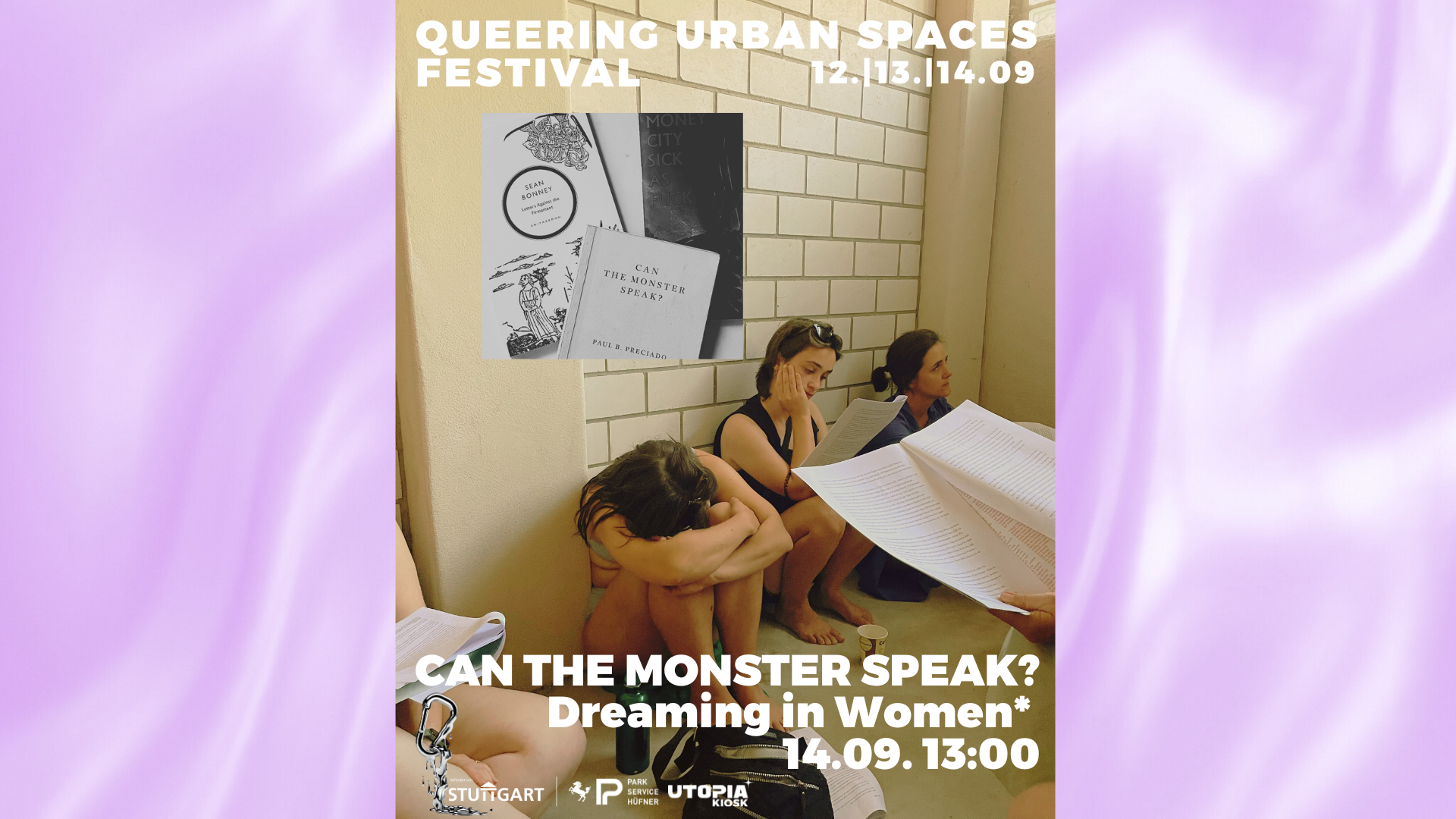 Can the monster speak Collective reading session, a few people sit in a room with while stone walls, some hold readers in their hands.