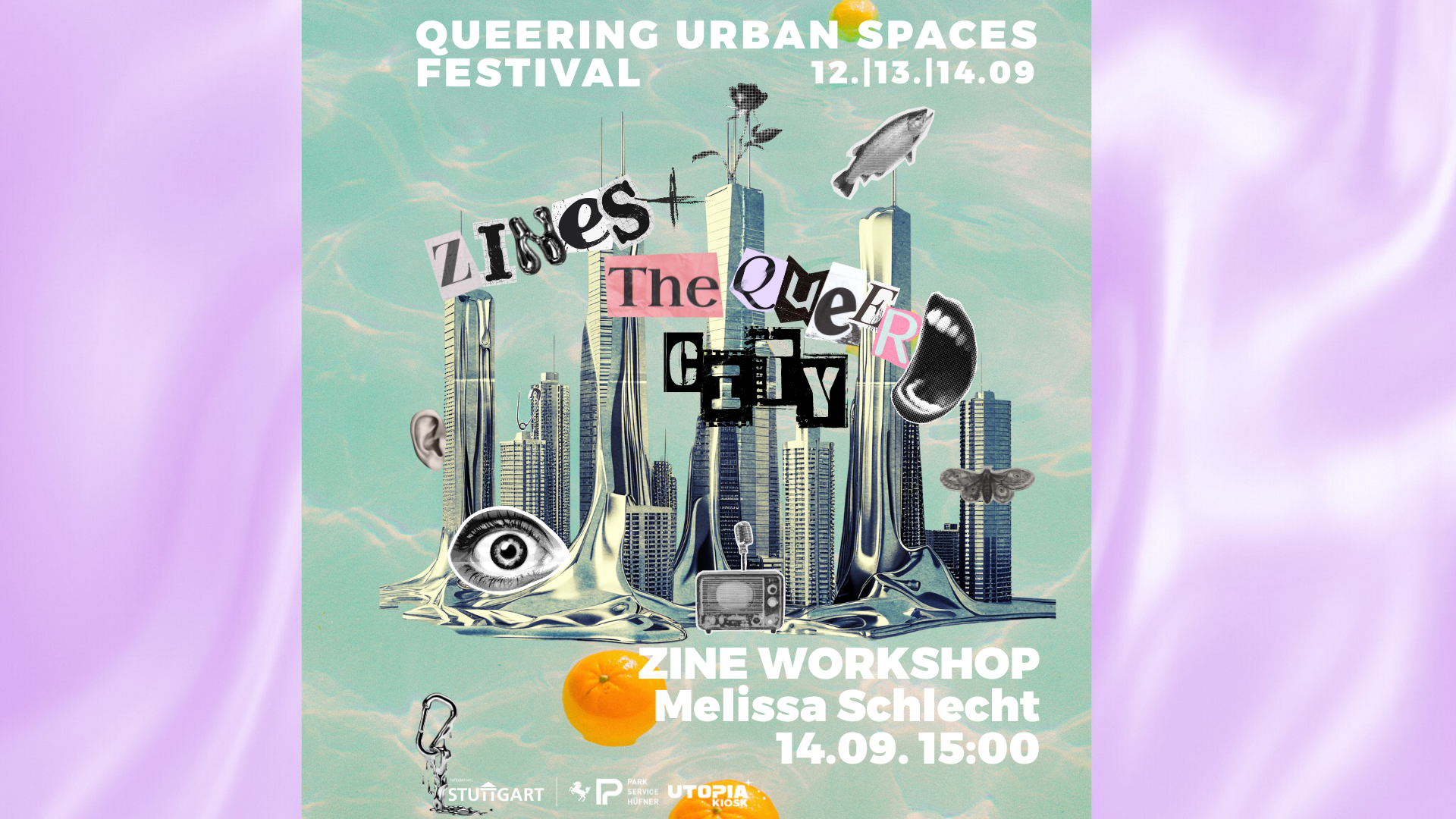 Zine workshop, Zines + the queer city, a collage like visual infront of a futuristic city