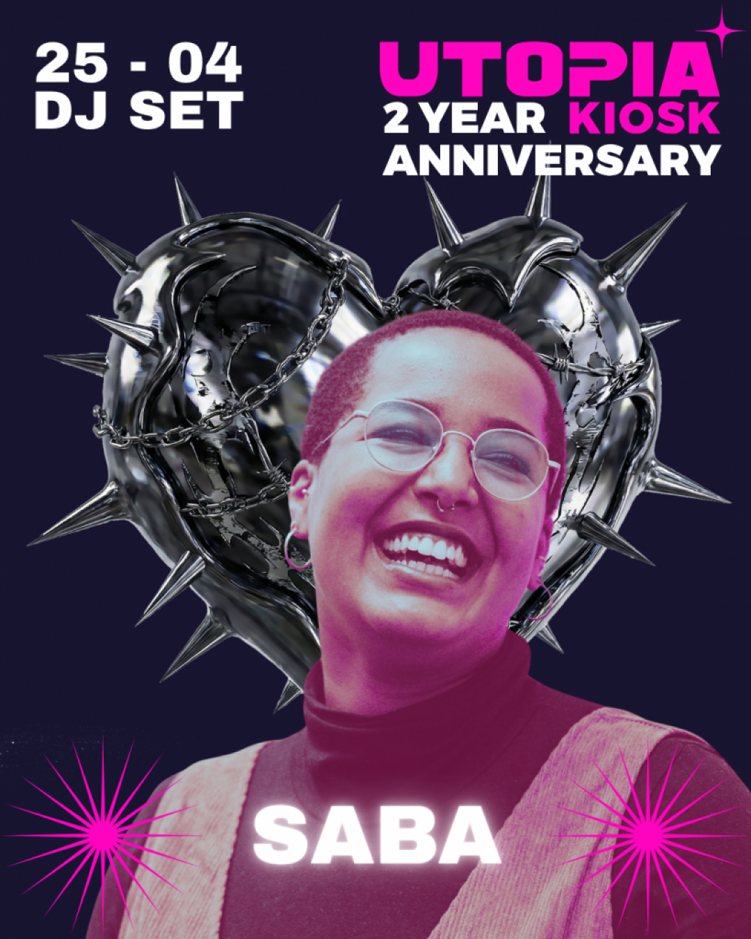 A picture of SABA grinning warmly in front of a metallic heart for the 2 Year anniversary of UTOPIA Kiosk. Dj Set.