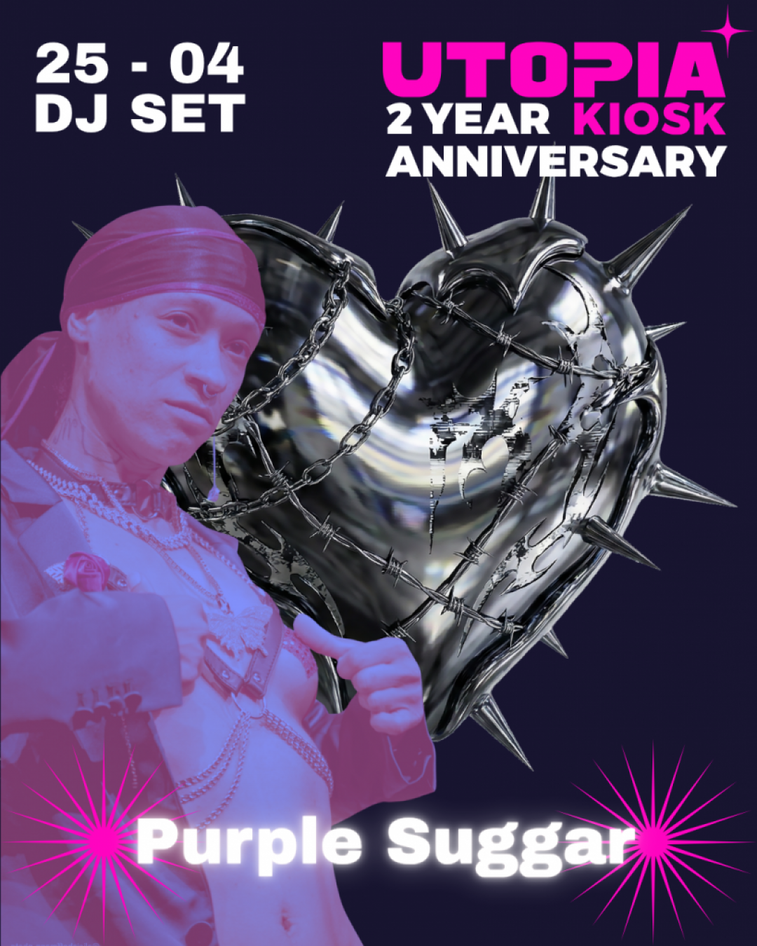 Purple Suggar standing in a revealing outfit in front of a metallic heart for the UTOPIA Kiosk 2 year anniversary.