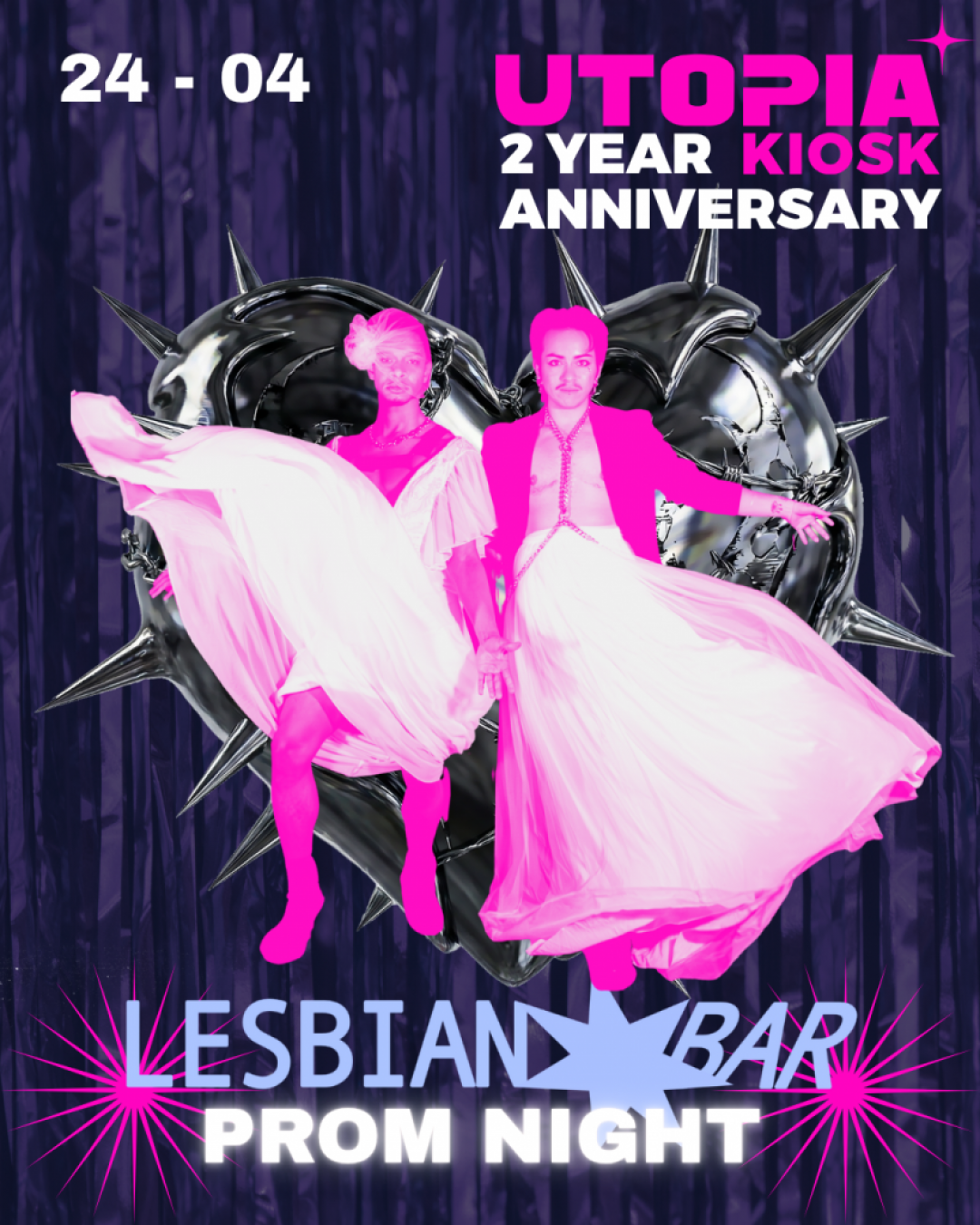 Lesbian Bar Prom Night during 2 year anniversary of UTOPIA Kiosk. 2 gendernonconforming people in white dresses infront of a metallic 3D heart shape.
